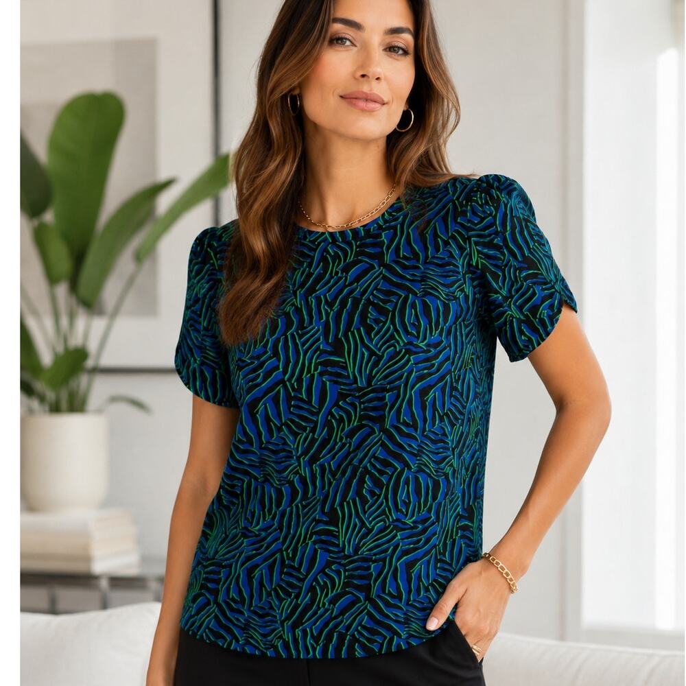 MICHAEL Michael Kors Multi Zebra Petal Sleeve Top Black Green Blue Large